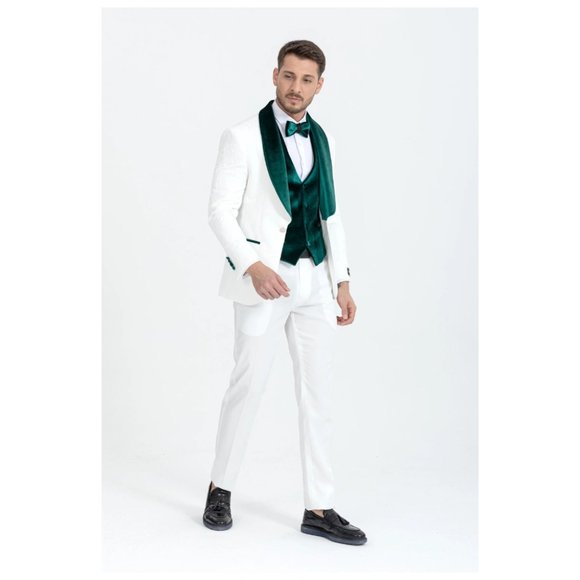 Derman Green Luxury Floral Textured Velvet Collar 3 Piece Tuxedo - Picture 3 of 6